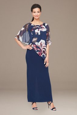 Jersey Sheath Dress with Asymmetrical Chiffon Cape SL Fashions 9177428