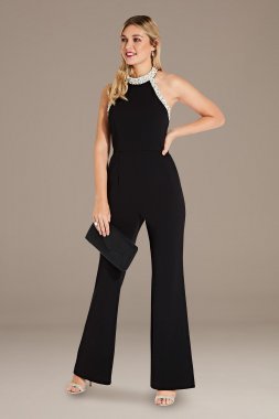 Crepe Jumpsuit with Pearl Embellished Halter Adrianna Papell AP1E204372