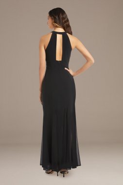 Mesh Overlay Halter Gown with Open Back RM Richards 22023