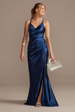 Ruched V-Neck Stretch Satin Sheath Gown with Slit Jules and Cleo WBM2299
