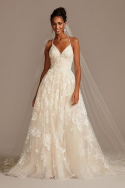 Large Floral Applique Beaded Strap Wedding Dress Oleg Cassini CWG879