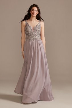Beaded Bodice Plunge Chiffon Gown Jules ...