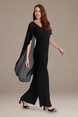 Chiffon and Crepe Jumpsuit with Beaded Cape Adrianna Papell AP1E206658